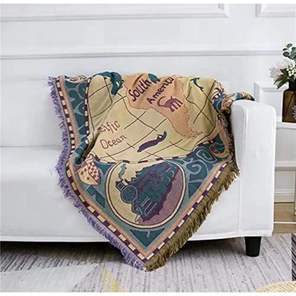 World Map Throw Blanket Wall Tapestry 3 Layers Cotton Woven Sofa Blanket 70x51”